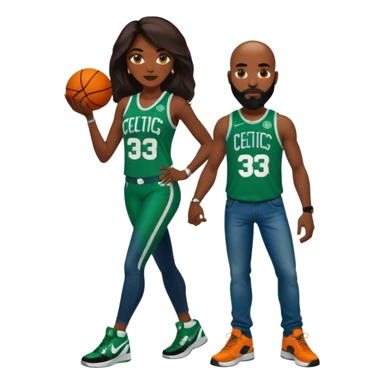 48-year-old dark skin black woman with brown eyes, long dark brown hair dressed in sexy Boston 
celtics outfit & wearing stilettos. A White bald white man with orange beard & facial hair. He has blue eyes, is wearing a Jason Tatum Boston Celtics Jersey, jeans & green Nike sneakers  sticker