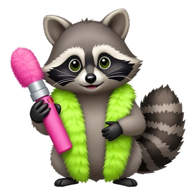 Raccoon wearing a lime green boa holding pink pepper spray sticker