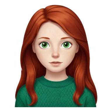 woman with long dark auburn red hair that is mostly straight but has slight waves to it. grey blue eyes. some freckles. wearing a Swedish style sweater that is green. blue grey eyes.  sticker