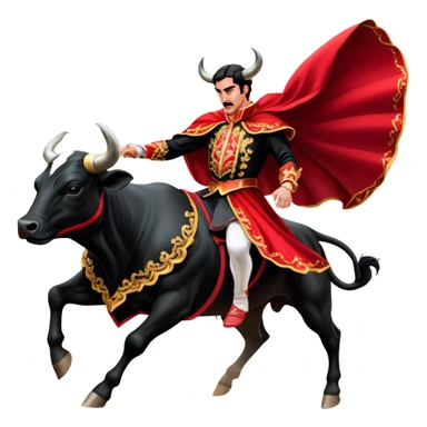 ​Cinematic Realistic Spanish Matador in Action, depicted in an ornate traje de luces with a flowing red cape, captured in the dramatic moment of confronting a charging bull in a traditional bullring, rendered with dynamic motion and dramatic lighting that encapsulates the intensity and artistry of the spectacle, sticker