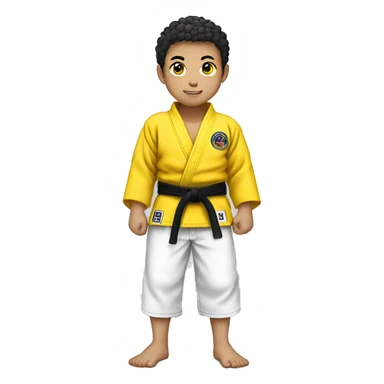 Full body Asian boy with short curly hair wearing jiujitsu gi with a yellow belt  sticker