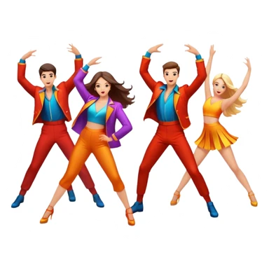 Icon for Contemporary Dance: a synchronized guys and girls group performance on stage with backup dancers in bright, modern outfits and dynamic lighting. The icon should capture the energy and coordination of a dance routine, with a focus on movement and stage presence. Transparent background. sticker