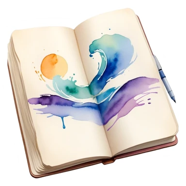 Cinematic Realistic image of an open sketchbook accompanied by a set of translucent watercolors, with delicate pigment stains and soft, flowing brushstrokes, captured under gentle, diffused lighting that highlights creative fluidity sticker