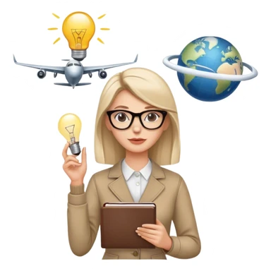 A woman with a sleek hairstyle, stylish glasses, holding a notebook, a lightbulb above her head, an airplane in the background. sticker