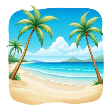 Cinematic Realistic Pristine Crystal-Clear Water Beach Emoji in a wooden frame, Sunny and radiant, with soft golden sand stretching endlessly, gently lapping waves of crystal-clear turquoise water washing onto the shore. The water is so transparent it reveals the shimmering seabed below, creating an idyllic, pristine setting. Above, the sky is a vivid blue, with a few gentle wisps of clouds. Palm trees sway gracefully in the warm breeze, their reflections mirrored in the water. Soft glowing outline, capturing the essence of a peaceful, serene beach paradise where every element gleams with natural beauty. sticker
