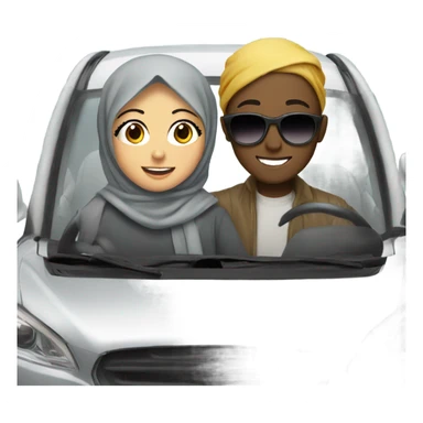 One girl wearing hijab and one boy with sunglasses smiling in car sticker