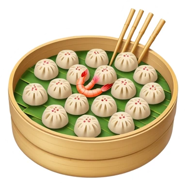 Cantonese dim sum bamboo steamer with shrimp dumplings, simplified emoji style with bold outlines and bright colors, cartoon style Chinese dim sum sticker