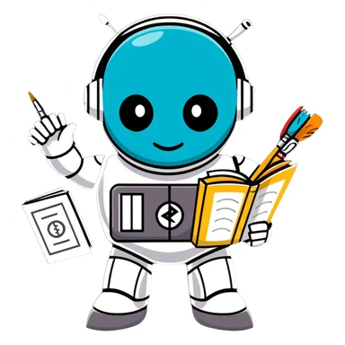 A shiny metal robot man with a circular chest plate divided into four segments, each featuring an art symbol: paintbrush, musical note, drama masks, and book sticker