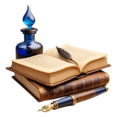 Create a vibrant emoji representing prose writing with an old-style, antique look. The design should include semi-turned pages of an old book with unfinished prose written on them. Add a vintage ink bottle (inkwell) and a classic fountain pen or quill with black or dark blue ink flowing onto the pages. Use warm, earthy tones like deep browns, golds, and creams for the book and ink bottle, with subtle ink splatters for an artistic touch. The overall style should evoke a sense of timeless storytelling and literary craftsmanship. Make the background transparent. sticker