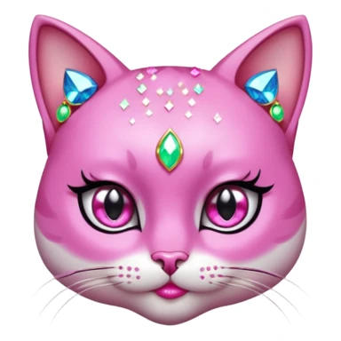 glamorous cat portrait, head and shoulders only, exaggerated pink makeup, bright eyeshadow, long eyelashes, shiny blush cheeks, sparkling face gems, glitter accents, elegant earrings, fantasy beauty style, cute 3D cartoon, mobile game icon style, clean background, no text, no watermark
 sticker