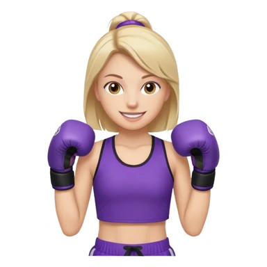 a white girl in  purple gear kickboxing smiling with a full shirt on sticker