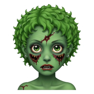 faça uma cabeça verde de zumbi femenina, com im cabelo curtinho cacheado, piercing no nariz, e brincos na orelha e várias cicatrizes, deixe ela macabra sticker