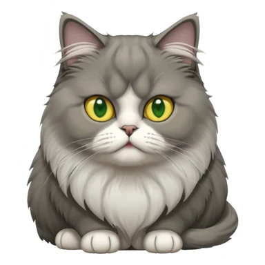 Persian cat with long gray fur, white patch on forehead, white chest, big yellow-green eyes, sitting position, emoji style sticker