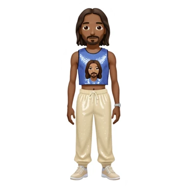 Snoop Dogg with long dark brown hair, periwinkle sequin crop top, cream sequin baggy pants sticker