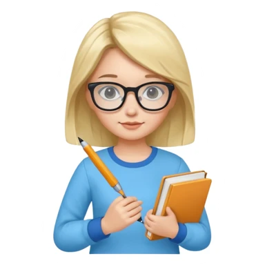 cute girl, glass, smart, Sky-blue colored clothing,
holding a book in one arm and a pen in the other hand.Holding a pen in the right hand as if teaching.Wearing black glasses, with a smart and bright-looking face. sticker