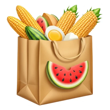 Paper grocery store bag filled with corn cobs, bread loafs, watermelon slices, eggs, and milk carton sticker