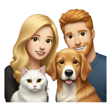 Family portrait with a smiling blonde woman, red-haired man, golden retriever sitting beside them, and black-and-white cat sitting in front. sticker