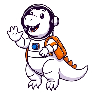 cartoon sticker of a t-rex astronaut waving, stars in background sticker