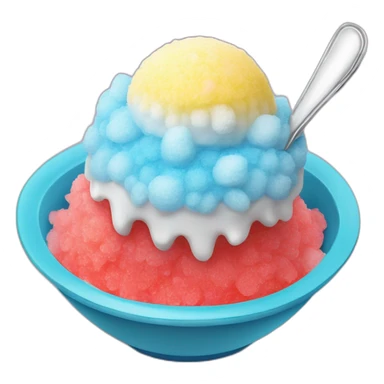 Mound of shaved ice (snow cone) in a dessert bowl with a short spoon sticker