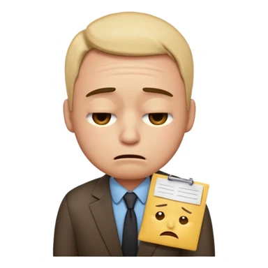  emoji character wearing a interview clothoes. face has a very sad crying, disappointed expression with drooping eyebrows and half-closed eyes. posture is dejected, with slumped shoulders just rejected from his interview to get a job, holding CV. dont make it old person. sticker
