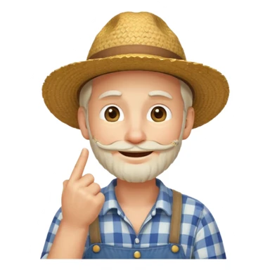“A single emoji-style character combining 👨‍🌾😄 and 🤔: a smiling farmer man with a straw hat, friendly face, and light beard, holding one hand under his chin in a thinking gesture. His index finger rests under his face, eyes looking slightly upward as if thinking.  sticker
