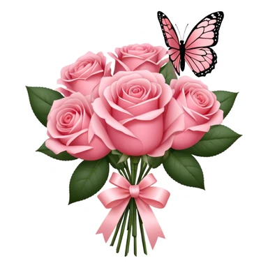 "A bouquet of Blush Red roses tied with a flowing Rose Quartz silk ribbon, exuding soft elegance. A delicate Carnation Pink butterfly rests gently on the petals, adding a whimsical touch." sticker