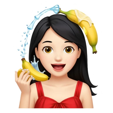 a girl with black hair and red dress rinsing mouth with pale yellow water coming out from a banana above her head sticker