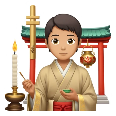 Japanese man offering incense at shrine scene  sticker
