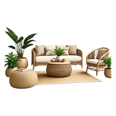 modern boho living room with many indoor plants, rattan furniture, white walls, and natural light sticker