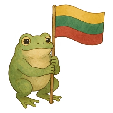 ghibli style frog holding a Lithuanian flag sticker