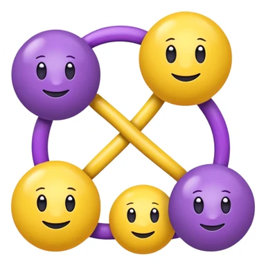 five yellow balls connected by links to a central purple ball, arranged around the purple ball, simple emoji style, simple design sticker