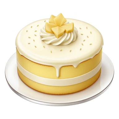 Cinematic Realistic Simple Vanilla Cake, a perfectly baked golden sponge with soft, airy layers, delicate vanilla frosting smoothly spread across the top, tiny flecks of vanilla bean visible, warm golden lighting creating depth, glowing with a sweet, irresistible charm. sticker