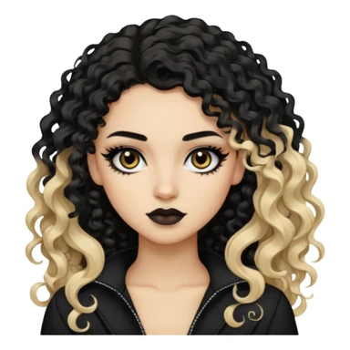 split dye leftside blonde rightside black-brown hair, baddie, pretty makeup, black eyeliner, long and curly hair sticker