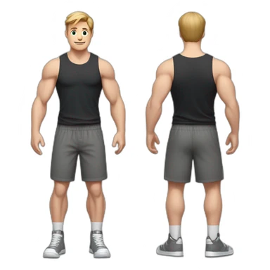 Full height Actively gesturing with hands Pale skinned Fit Man With the biceps and light brown hair with Bristle in dark gray Sleeveless Mike, black oversize sports shorts and white Sneakers sticker