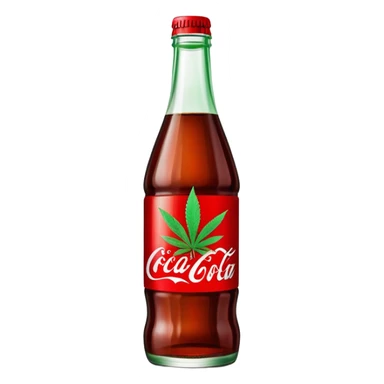 iconic curved Coca-Cola style glass bottle in red with a green cannabis leaf and "red pop" text on the label sticker