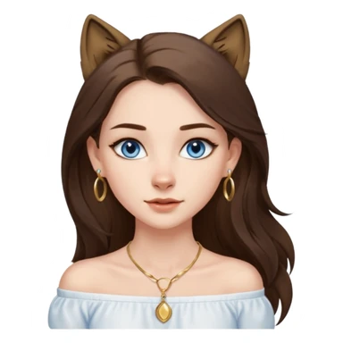A pretty white girl with brunette hair blue eyes  thin gold hoop earrings and a matching gold necklace in a white shirt that cuts off the shoulders her hair is long and she has a wolf cut sticker