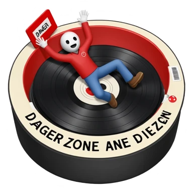 A stick figure falling into a pit full of vinyl records, like a 'Danger Zone' sign sticker
