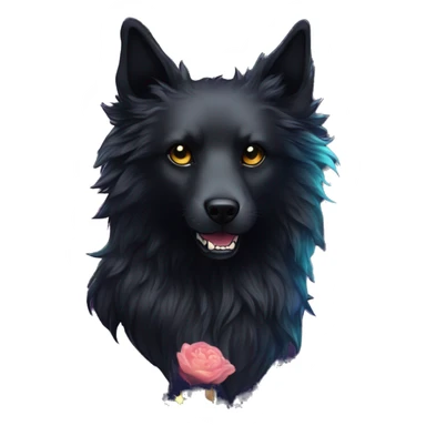Black iridescent fluffy dog fox head zombie skull skeleton gold mechanical nebula galaxy stars colorful flowers fairy lights vintage sticker