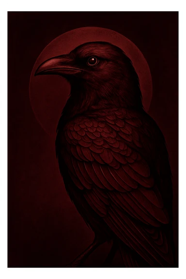 погенерируй ворона полубоком по появ где-то крупным планом внешне как на референсах, четкие контуры тени и блики в винном бордовом цвете sticker