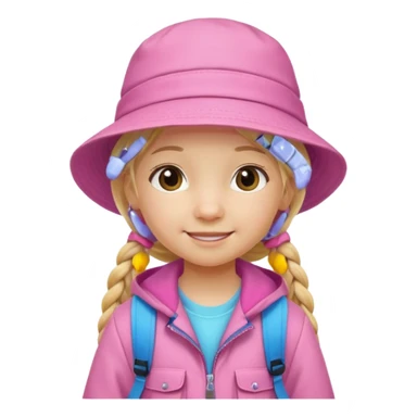 Little girl kid student, long braid blonde, wears pink bucket hat and jacket, backpack, happy sticker