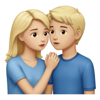 iOS emoji style, girl holding hands with one boy while kissing another boy, one boy blond, the other brunet, subtle suspicious expression sticker