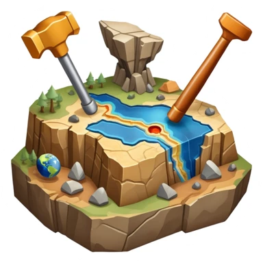 An icon featuring a rock hammer, a geological map, and layers of Earth’s crust, symbolizing geology. The design includes mineral samples, fossils, and tectonic plates, representing the study of Earth’s structure and natural processes. Transparent background highlights geological exploration sticker