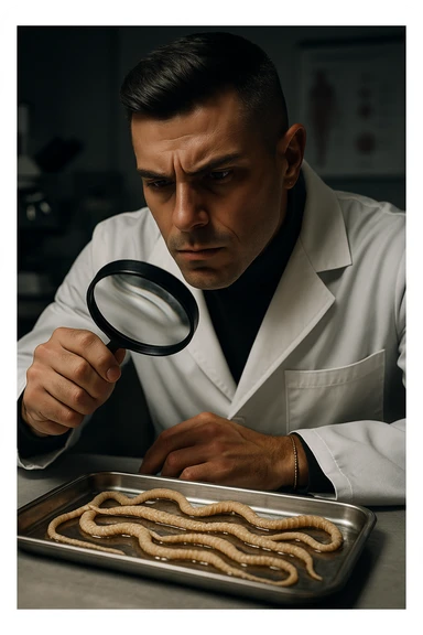 A middle-aged male kinesiologist wearing a pristine white lab coat, intensely analyzing long, beige tapeworms (like Taenia) under a magnifying glass. His expression is focused and slightly concerned, with dramatic studio lighting casting sharp shadows. The parasites are highly detailed, moist, and textured, stretched across a sterile metal tray. The background is blurred but suggests a clinical environment—hints of a microscope, medical charts, and clean lab equipment. The style is hyper-realistic, with a cinematic contrast between the bright white coat and the grotesque, organic forms of the parasites. No sci-fi elements, just raw medical realism with a disturbing edge sticker