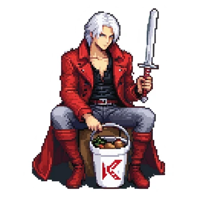 Dante from Devil May Cry sitting in a KFC bucket, red coat, white hair, rebellion sword sticker