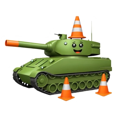 green military tank with an evil face, with a traffic cone with a sad face flattened under its treads, emoji style sticker