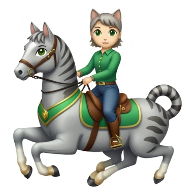 gray tabby cat with green eyes riding a horse sticker