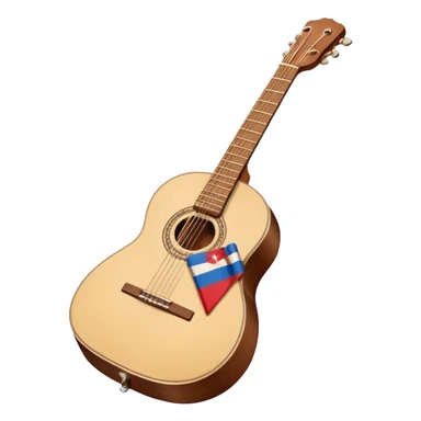 “Flat vector icon of a Cuban tres guitar in three-quarter view, warm brown wood with 3 string courses, thick outline, centered on a warm cream or beige rounded-square (or circle); add a small simplified Cuban flag (blue, red, white) on the soundboard like a sticker.  sticker