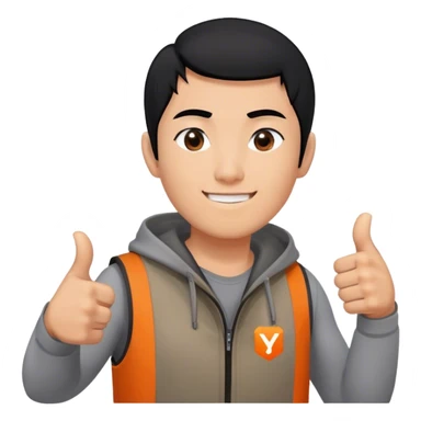 Black hair asian man giving a thumbs up. Wearing a grey shirt unhooded vest that has a very small logo on it, which shows a square in solid orange color and a simple white capitalized "Y" inside of it. sticker