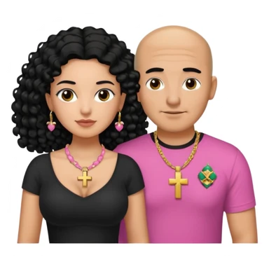 A picture if a couple. the man is a Mexican man with tanned skin, black hair, a bald hair cut, short boxed beard, and wearing a black shirt. the woman is mixed with black and white, with curly long hair, a gold cross necklace, wearing a pink shirt and with big boobs sticker