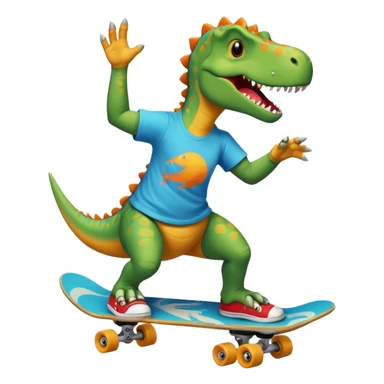 Dinosaur skateboarding at the skate park wearing a t-shirt and doing six seven and dancing sticker